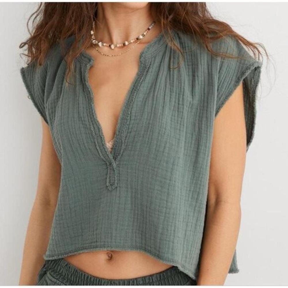 Aerie Textured Olive Blouse